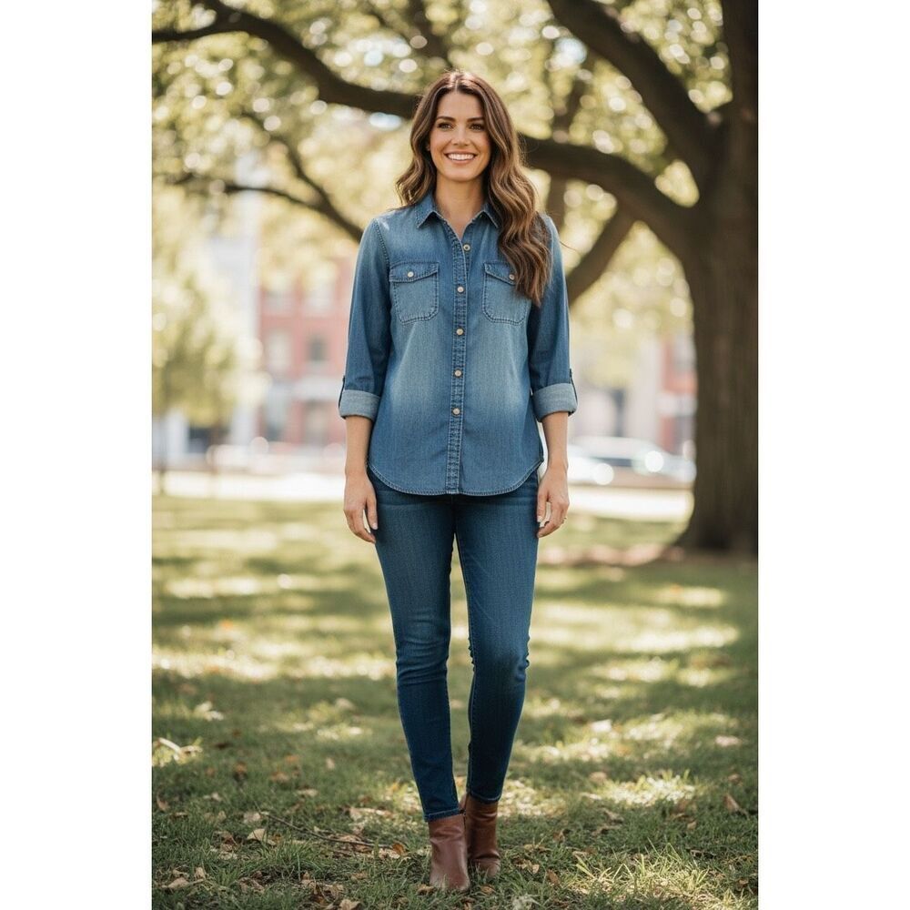 Current/Elliot Womens Blue Denim Studded The Perfect Button Up Shirt Size 3